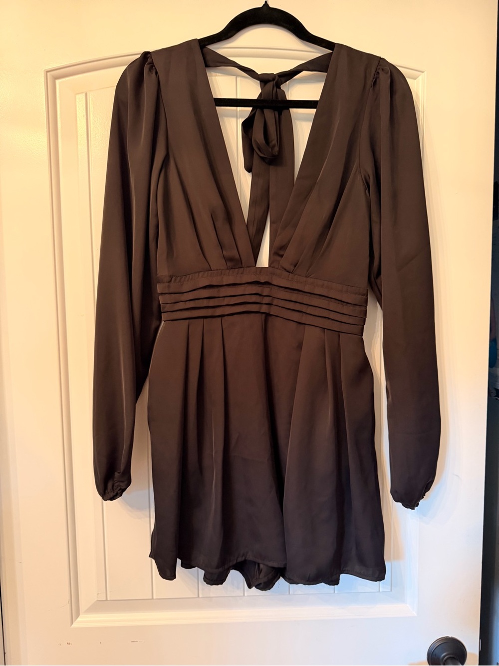 Women’s Deep V Long-Sleeve Black Romper with Waist Detail